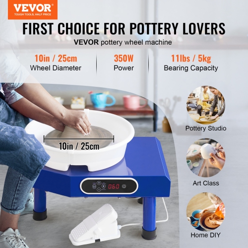 VEVOR 10in Pottery Wheel, Ceramic Wheel Forming Machine, Foot Pedal ABS Detachable Basin, 60-300RPM Adjustable Speed Manual LCD Panel, Sculpting Tool