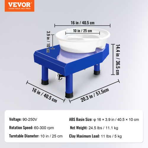 VEVOR 10in Pottery Wheel, Ceramic Wheel Forming Machine, Foot Pedal ABS Detachable Basin, 60-300RPM Adjustable Speed Manual LCD Panel, Sculpting Tool