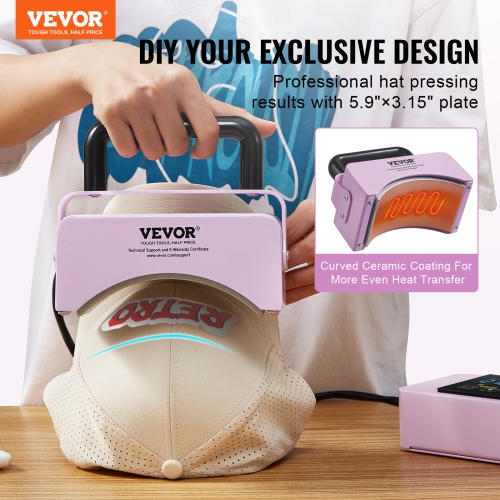 VEVOR Hat Press Machine, Mini Hat Heat Press for Caps with Integrated Control Panel, Cap Heat Press Machine with 5.9x3.15 inch Curved Heating Plate,
