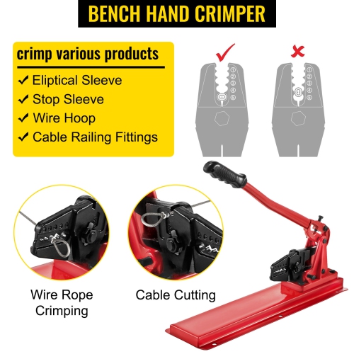 VEVOR 24" Wire Rope Swaging Tool with Crimper Cable Bolt Cutter Head Bench Crimper 1/16"-3/16" Aluminum/Copper Sleeves Bench Cable Alloy Steel
