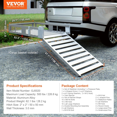 VEVOR 45.3" x 25.6" Hitch Mount Cargo Carrier, Aluminum Hitch Cargo Rack with Ramp, Hitch Rack Basket with Stabilizer and Straps, 500LBS Mobility