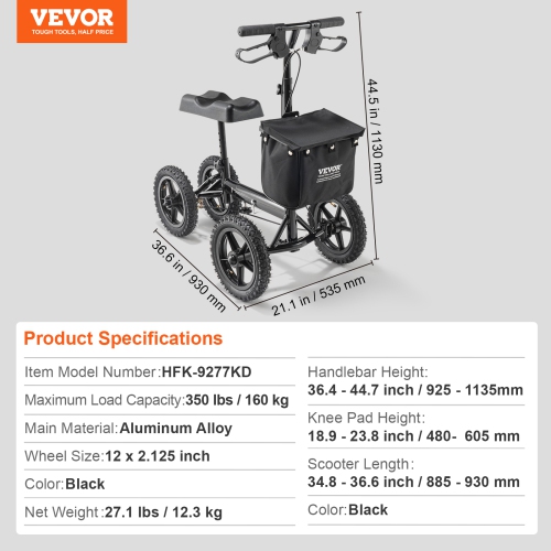 VEVOR 12" Folding Knee Scooter,Aluminum Steerable Knee Walker with Handlebar & Knee Pad, All-Terrain Wheels, Dual Brakes,Leg Recovery Scooter for
