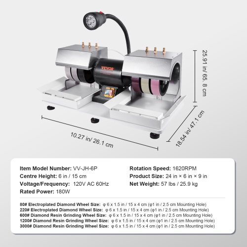 VEVOR 6" 1/4HP 1800rpm Cabbing Machine, Lapidary Rock Grinder Polisher With Lamp & Water Pump,Gem Faceting Machine, Rock Grinding for Gem Jade