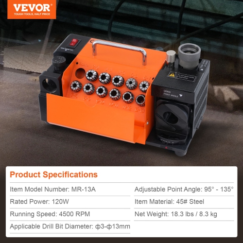 VEVOR MR-13A End Mill Grinder Sharpener 3-13mm, 95° to 135° Point Angle Adjustable Drill Bit Re-Sharpener, Portable Bits Sharpening Machine with 11