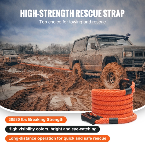 VEVOR 7/8" x 20' Kinetic Recovery Tow Rope 30,580 lbs, Heavy-Duty Off Road Snatch Strap, Extreme Duty 30% Elasticity Energy Snatch Strap for Jeep Car