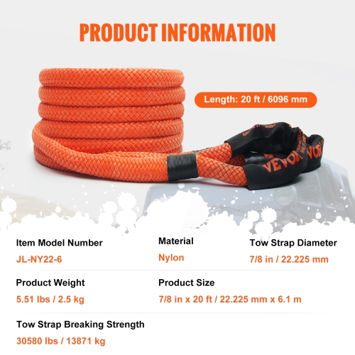 VEVOR 7/8" x 20' Kinetic Recovery Tow Rope 30,580 lbs, Heavy-Duty Off Road Snatch Strap, Extreme Duty 30% Elasticity Energy Snatch Strap for Jeep Car