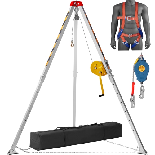 VEVOR Confined Space Tripod Kit, Confined Space Tripod 7' Legs and 98' Cable, Confined Space Rescue Tripod 32.8' Fall Protection, 1800 lbs Winch,