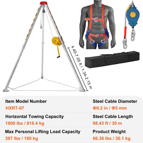 VEVOR Confined Space Tripod Kit, Confined Space Tripod 7' Legs and 98' Cable, Confined Space Rescue Tripod 32.8' Fall Protection, 1800 lbs Winch,
