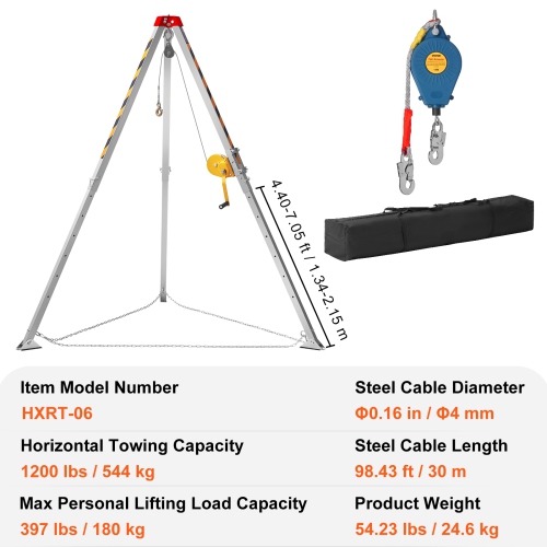 VEVOR Confined Space Tripod Kit, Confined Space Tripod 7' Legs Bracket and 98' Cable, Confined Space Rescue Tripod 32.8' Fall Protection, 1200 lbs