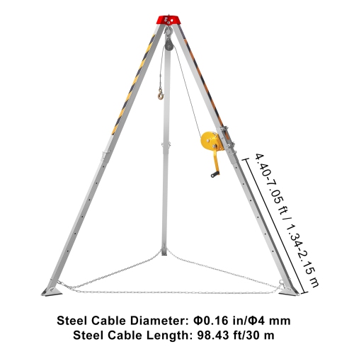 VEVOR Confined Space Tripod Kit, Confined Space Tripod 7' Legs Bracket and 98' Cable, Confined Space Rescue Tripod 32.8' Fall Protection, 1200 lbs