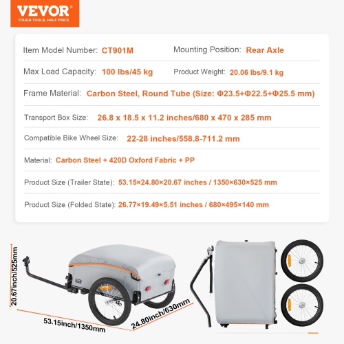 VEVOR Bike Cargo Trailer, 88/100/160 lbs Load Capacity, Heavy-Duty Bicycle Wagon Cart, Foldable Compact Storage with Universal Hitch