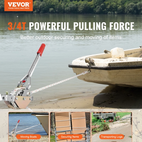 VEVOR 3/4 Ton Pulling Capacity Rope Puller with 100' of 0.6" dia. Rope,2 Hook,Come Along Winch, Ratchet Power Puller for Moving Boats,Securing