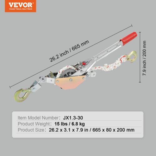 VEVOR 3/4 Ton Pulling Capacity Rope Puller with 100' of 0.6" dia. Rope,2 Hook,Come Along Winch, Ratchet Power Puller for Moving Boats,Securing