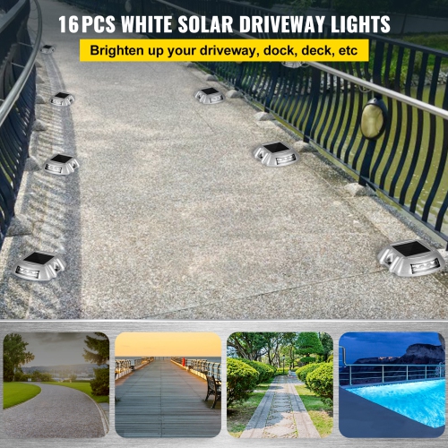 VEVOR 16-Pack Driveway Lights Solar Driveway Lights Bright White with Screw Solar Deck Lights Outdoor Waterproof Wireless Dock Lights 6 LEDs for Path
