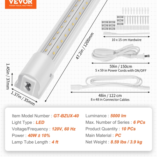 VEVOR 10 Pack LED Shop Light, 4 FT, 40W Linkable Shop Light Fixture, 6500 LM Ceiling Lights 59 in Power Cords with ON/OFF Switch 48 in Connector