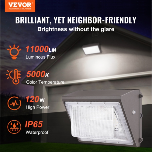VEVOR 120W 11000LM LED Wall Pack Lights,5000K Commercial Outdoor Lights Security Lighting Fixture, with Intelligent Light Sensing 240 LED beads