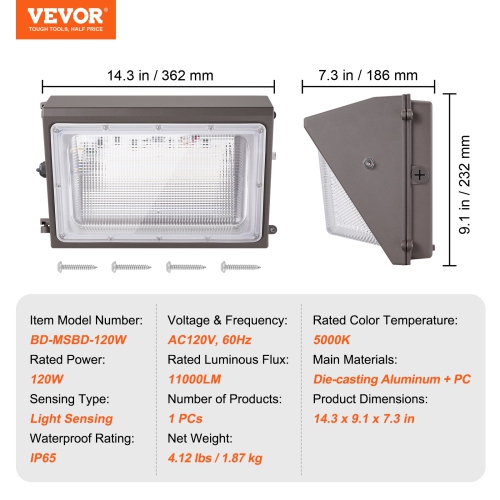 VEVOR 120W 11000LM LED Wall Pack Lights,5000K Commercial Outdoor Lights Security Lighting Fixture, with Intelligent Light Sensing 240 LED beads