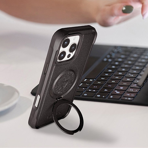Santa Barbara Primo Series Black Magnetic Ring Kickstand Leather Case for iPhone 16 Pro