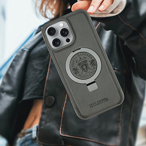 Santa Barbara Primo Series Grey Magnetic Ring Kickstand Leather Case for iPhone 16 Pro
