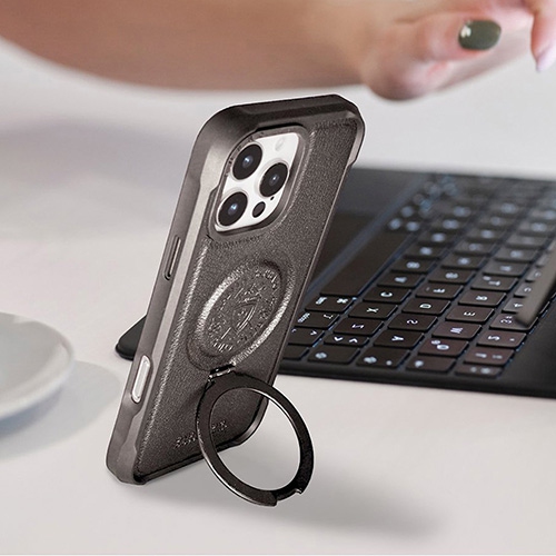 Santa Barbara Primo Series Grey Magnetic Ring Kickstand Leather Case for iPhone 16 Pro