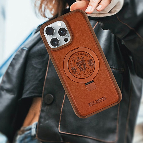 Santa Barbara Primo Series Brown Magnetic Ring Kickstand Leather Case for iPhone 16 Pro