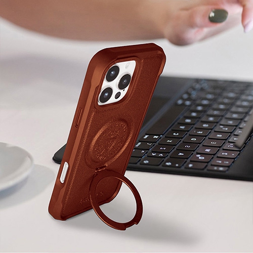 Santa Barbara Primo Series Brown Magnetic Ring Kickstand Leather Case for iPhone 16 Pro