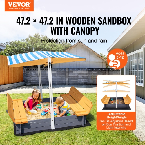 VEVOR 57.3 x 47.2 x 47.2 in Wooden Sandbox with Canopy, Sand Box, Sand Pit with Foldable Bench Seats and Bottom Liner, Natural Wood Kids Sandbox for