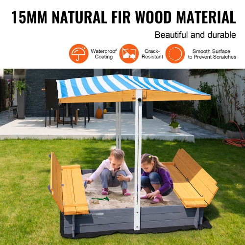 VEVOR 57.3 x 47.2 x 47.2 in Wooden Sandbox with Canopy, Sand Box, Sand Pit with Foldable Bench Seats and Bottom Liner, Natural Wood Kids Sandbox for