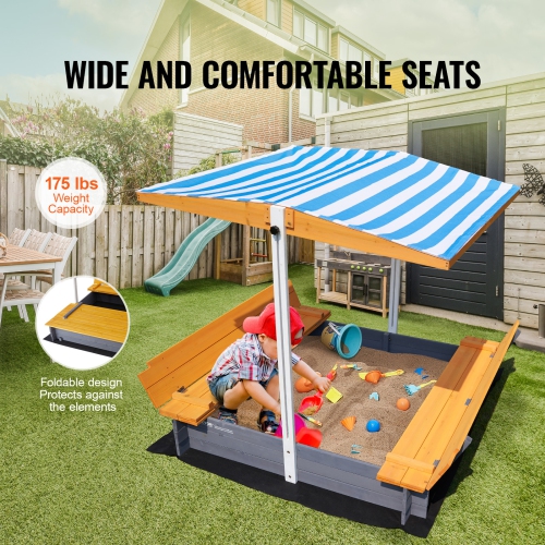 VEVOR 57.3 x 47.2 x 47.2 in Wooden Sandbox with Canopy, Sand Box, Sand Pit with Foldable Bench Seats and Bottom Liner, Natural Wood Kids Sandbox for