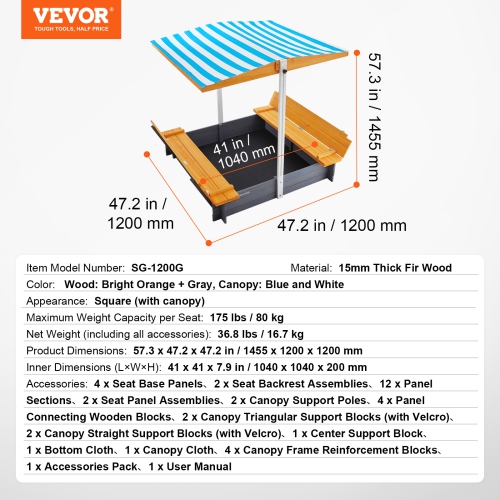 VEVOR 57.3 x 47.2 x 47.2 in Wooden Sandbox with Canopy, Sand Box, Sand Pit with Foldable Bench Seats and Bottom Liner, Natural Wood Kids Sandbox for