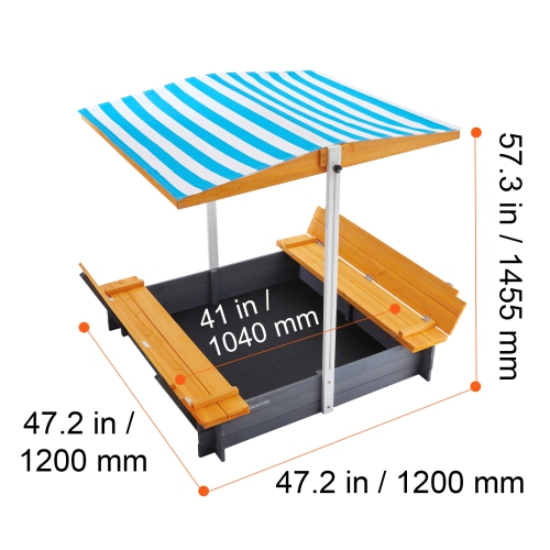 VEVOR 57.3 x 47.2 x 47.2 in Wooden Sandbox with Canopy, Sand Box, Sand Pit with Foldable Bench Seats and Bottom Liner, Natural Wood Kids Sandbox for