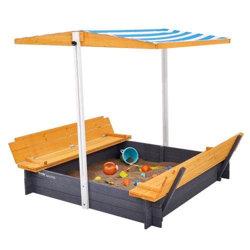VEVOR 57.3 x 47.2 x 47.2 in Wooden Sandbox with Canopy, Sand Box, Sand Pit with Foldable Bench Seats and Bottom Liner, Natural Wood Kids Sandbox for