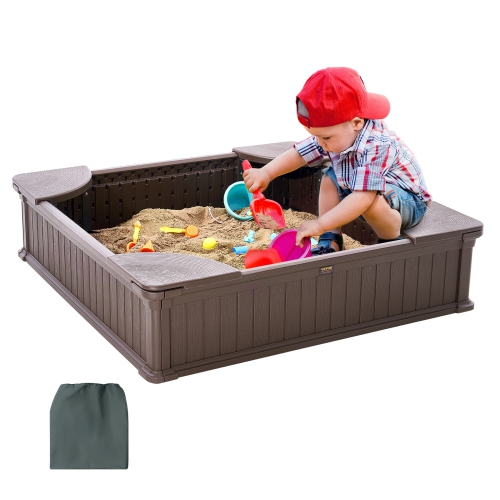VEVOR  48.6X48.6X12.4 In Sandbox \w Cover, Square Sand Box, HDpe Sand Pit \w 4 Corner Seating And Bottom Liner, Kids Sandbox for Outdoor Backyard