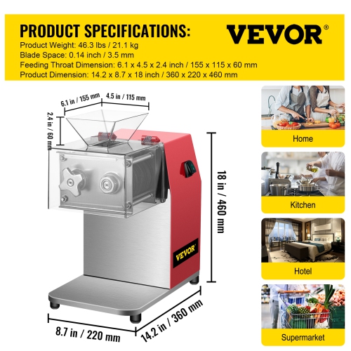 VEVOR 850W Commercial Meat Cutting Machine, 551 Lbs/H Meat Shredding Machine,3.5mm Blade Electric Meat Cutter, Stainless Steel Restaurant Food