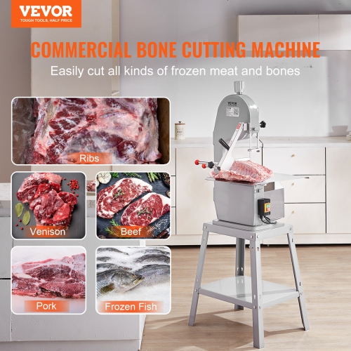 VEVOR 1500W Commercial Electric Meat Bandsaw, Stainless Steel Vertical Bone Sawing Machine, Workbeach 19.3" x 15", 0.16-7.9 Inch Cutting Thickness,
