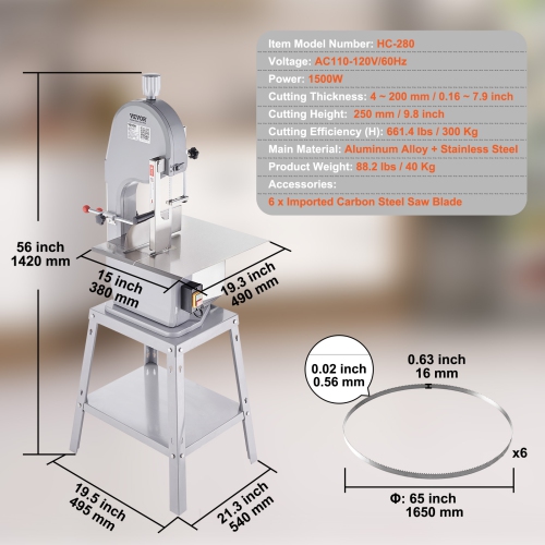 VEVOR 1500W Commercial Electric Meat Bandsaw, Stainless Steel Vertical Bone Sawing Machine, Workbeach 19.3" x 15", 0.16-7.9 Inch Cutting Thickness,