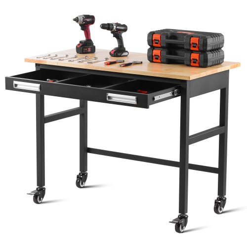 VEVOR  48" Workbench, 1500 Lbs Load Capacity, Work Bench \w Sliding Drawer And Wheels, Rolling Workbench On Wheels, Oak Wood Top Work Table For