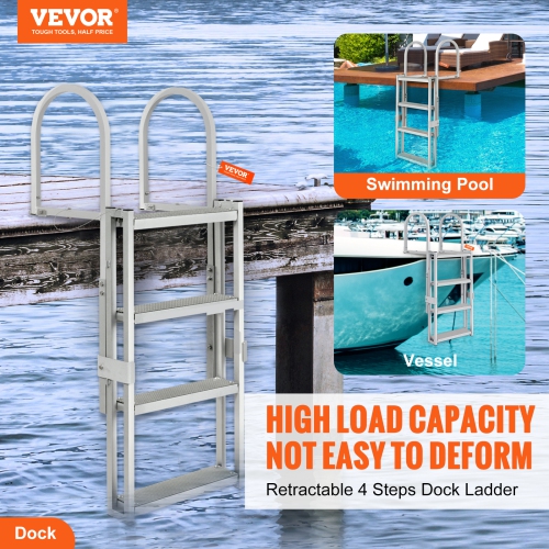 VEVOR 4 Steps Dock Ladder, 350 lbs Load Capacity, Aluminum Alloy Pontoon Boat Ladder with 55.1''-67.1'' Height, 4'' Wide Step & Rubber Mat, for