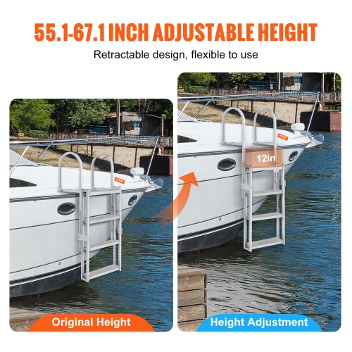 VEVOR 4 Steps Dock Ladder, 350 lbs Load Capacity, Aluminum Alloy Pontoon Boat Ladder with 55.1''-67.1'' Height, 4'' Wide Step & Rubber Mat, for