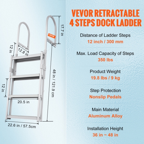 VEVOR 4 Steps Dock Ladder, 350 lbs Load Capacity, Aluminum Alloy Pontoon Boat Ladder with 55.1''-67.1'' Height, 4'' Wide Step & Rubber Mat, for