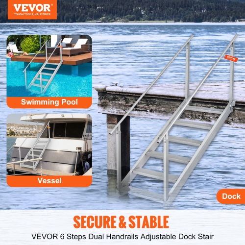 VEVOR 43''-51'' Height Dock Ladder, 500 lbs Load Capacity, Aluminum Alloy 6 Steps Pontoon Boat Ladder with Dual Handrails & Nonslip Rubber Mat, for