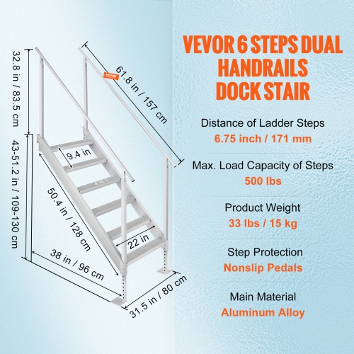 VEVOR 43''-51'' Height Dock Ladder, 500 lbs Load Capacity, Aluminum Alloy 6 Steps Pontoon Boat Ladder with Dual Handrails & Nonslip Rubber Mat, for