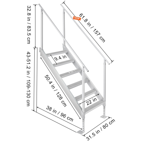 VEVOR 43''-51'' Height Dock Ladder, 500 lbs Load Capacity, Aluminum Alloy 6 Steps Pontoon Boat Ladder with Dual Handrails & Nonslip Rubber Mat, for
