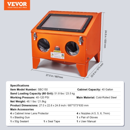 VEVOR 40 Gallon Sandblasting Cabinet, 40-120PSI Portable Benchtop Sand Blasting Cabinet, Steel Sand Blaster with Blasting Gun & 4 Ceramic Nozzles for