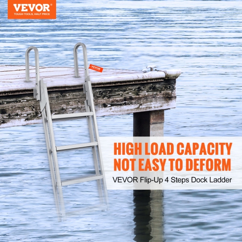 VEVOR 4 Steps Dock Ladder Flip Up, 350lbs Load Capacity, Aluminum Pontoon Boat Ladder with 4" Wide Step & Nonslip Rubber Mat,Swimm Step Ladder for