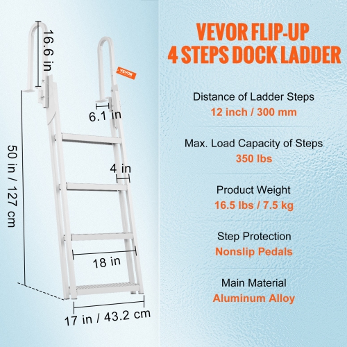 VEVOR 4 Steps Dock Ladder Flip Up, 350lbs Load Capacity, Aluminum Pontoon Boat Ladder with 4" Wide Step & Nonslip Rubber Mat,Swimm Step Ladder for
