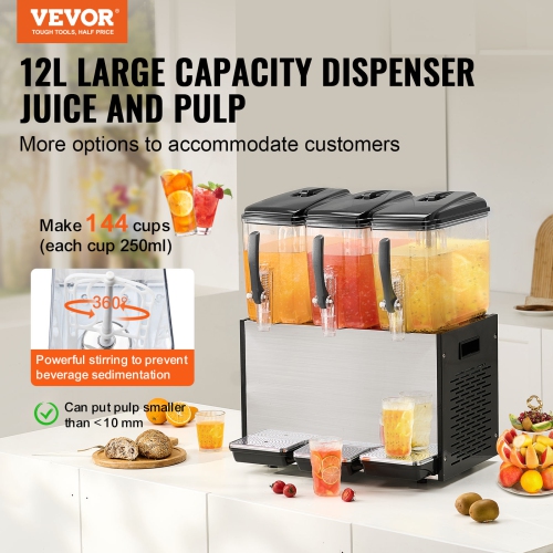 VEVOR 3 Tanks Commercial Beverage Dispenser, 12 L / 12.7 QT Per Tank Juice Dispenser, 370W Stainless Steel Ice Tea Drink Machine with 45°F-54°F