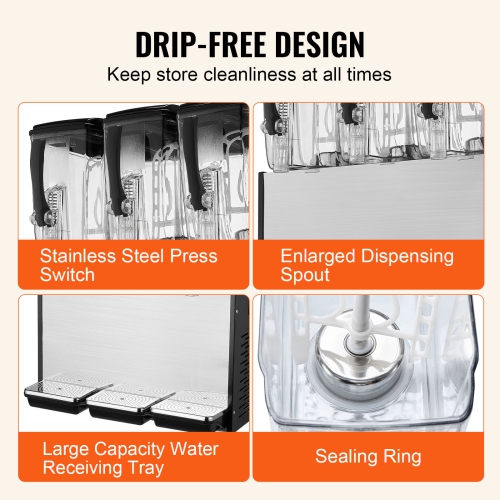VEVOR 3 Tanks Commercial Beverage Dispenser, 12 L / 12.7 QT Per Tank Juice Dispenser, 370W Stainless Steel Ice Tea Drink Machine with 45°F-54°F