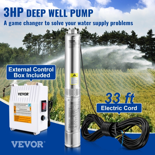 VEVOR 3HP Deep Well Submersible Pump, 230V/60Hz, 37GPM 640 ft Head, with 33 ft Cord & External Control Box, 4 inch Stainless Steel Water Pumps for