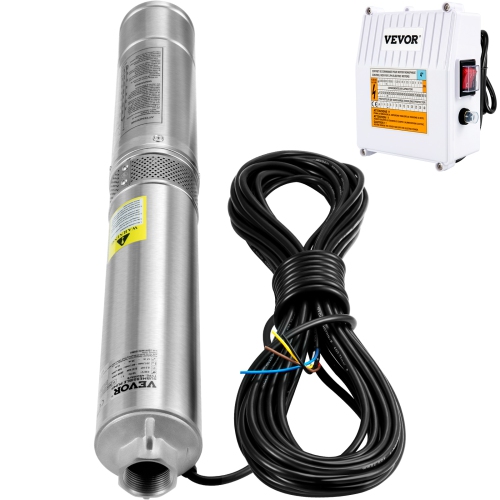 VEVOR 3HP Deep Well Submersible Pump, 230V/60Hz, 37GPM 640 ft Head, with 33 ft Cord & External Control Box, 4 inch Stainless Steel Water Pumps for